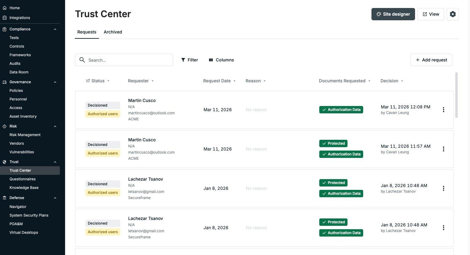 Screenshot showing the Trust Center requests list.