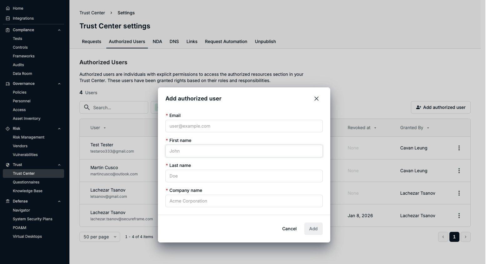 Screenshot showing the Add authorized user dialog.