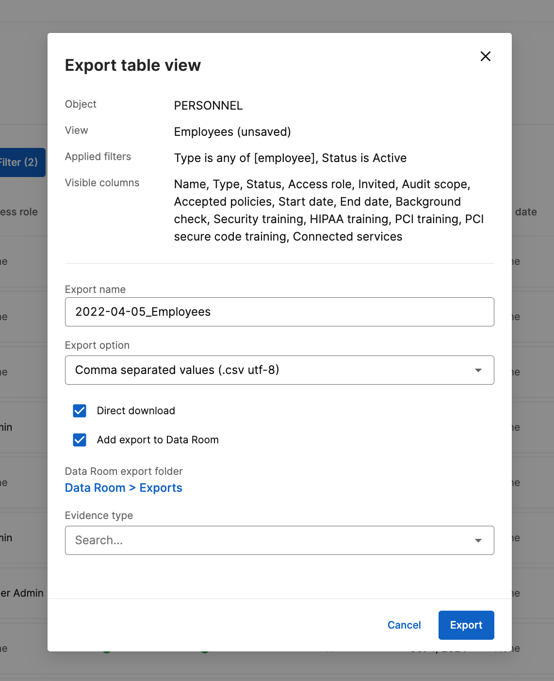 Export button location in the table toolbar